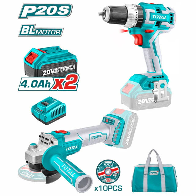 20V Brushless Cordless Drill and Angle Grinder Kit Total TCKLI6015