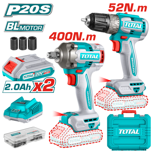 Total TCKLI20271 20V Cordless Drill + 400Nm Impact Wrench Kit